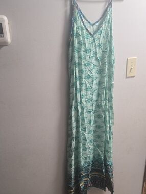 Teal Printed Slip Maxi Dress with Patterned Hem